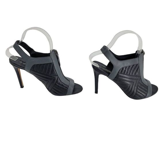 Charles David Leather Stiletto Heels 8‎ Black Peep Toe Sling Back Quilted Moto - Picture 3 of 12